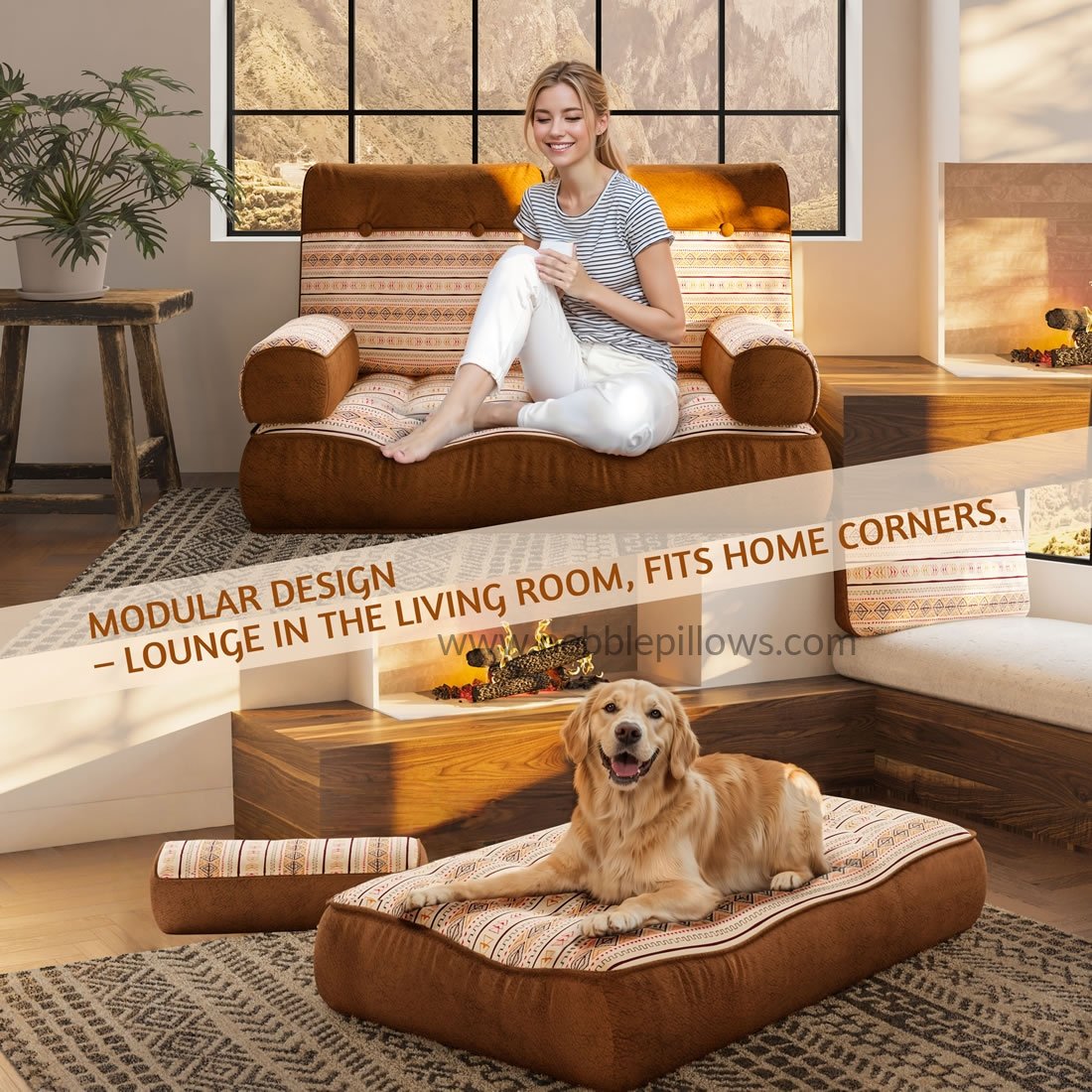 Velvet Floor Sleeper Chair, Modular Lounge Sofa with Back and Arm Support 4 pebble pillows Velvet Floor Sleeper Chair, Modular Lounge Sofa with Back and Arm Support - Image 4