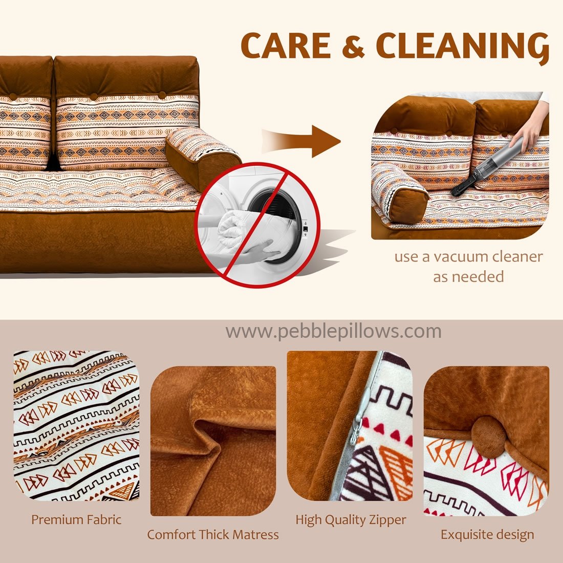 Velvet Floor Sleeper Chair, Modular Lounge Sofa with Back and Arm Support 5 pebble pillows Velvet Floor Sleeper Chair, Modular Lounge Sofa with Back and Arm Support - Image 5