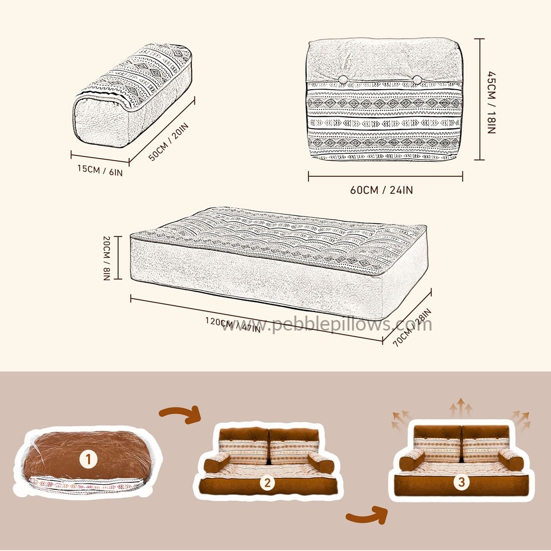 Velvet Floor Sleeper Chair, Modular Lounge Sofa with Back and Arm Support 7 pebble pillows Velvet Floor Sleeper Chair, Modular Lounge Sofa with Back and Arm Support - Image 7